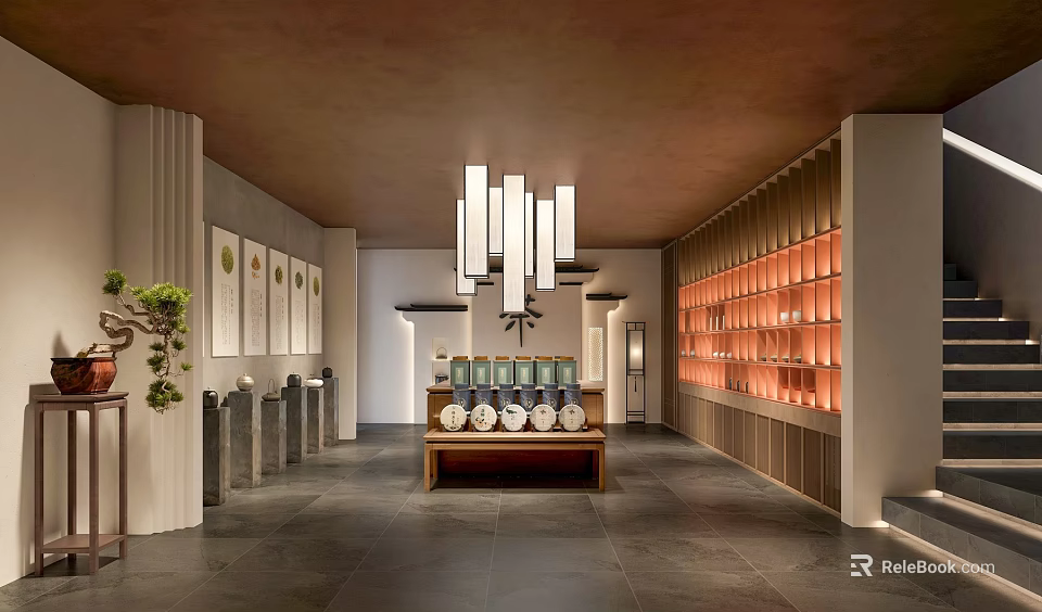 Traditional Tea House Interior Design With Hanging Chandeliers And Tea Sets 3d model 