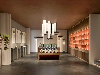 Traditional Tea House Interior Design With Hanging Chandeliers And Tea Sets 3d model