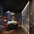 Traditional Chinese Restaurant Interior With Blue Walls Red Decor Pine Tree And Seating Area