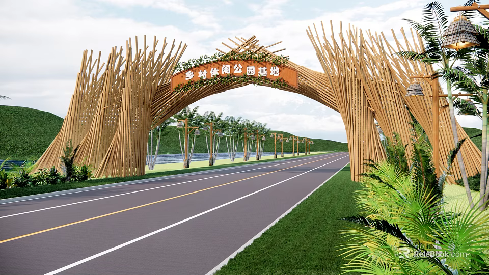 Bamboo Arched Entrance Gate for Rural Leisure Park Playground with Green Plants and Road 3d model 