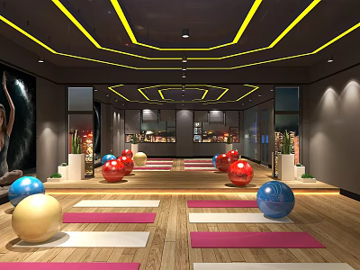 Fitness Studio Interior Design With Colorful Exercise Balls Yoga Mats And Modern Lighting 3d model