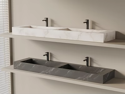 Modern White And Gray Marble Double Basin Washbasins With Black Faucets On Shelves 3d model