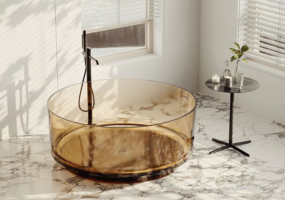 Transparent Amber Round Bathtub By Window With Marble Floor And Side Table Plant Candles 3d model 