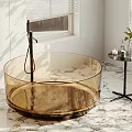 Transparent Amber Round Bathtub By Window With Marble Floor And Side Table Plant Candles