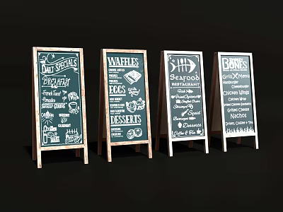 Public Chalkboard Menu Signs With Four Hand Drawn Food Illustrations For Outdoor Venues 3d model