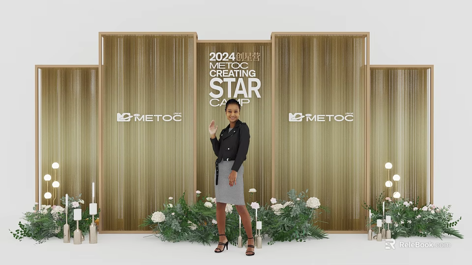 2024 STAR METEOG Red Carpet Photo Op Spot with Golden Backdrop Green Plants White Flowers 3d model 
