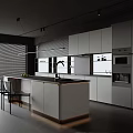 Modern Open Kitchen Interior With White Island Counter Gray Cabinets And Appliances