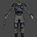 Man In Black Combat Armor With Red Glowing Eyes And Mechanical Helmet Details