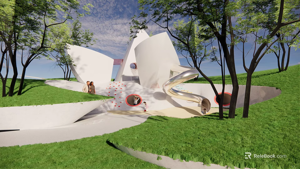 Modern Children's Play Area With White Buildings Slides Trees Green Lawn And Children Playing 3d model 