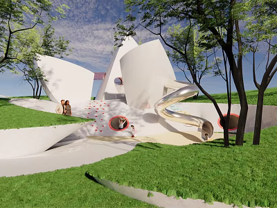 Modern Children's Play Area With White Buildings Slides Trees Green Lawn And Children Playing 3d model