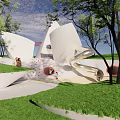 Modern Children's Play Area With White Buildings Slides Trees Green Lawn And Children Playing