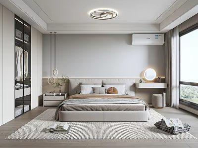 Modern Bedroom Interior Design With Bed Nightstand Wardrobe Rug And Large Window 3d model