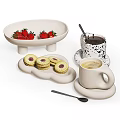 Stylish Pedestal Tableware Set Including Spotted Mugs Bowls Trays With Cookies And Strawberries