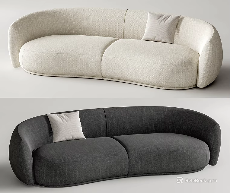 Stylish Curved Two Seater Sofa in Light Beige and Dark Gray with Accent Pillow 3d model 