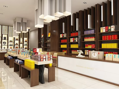 Modern Tobacco and Alcohol Store Interior With Wooden Shelves Bright Lighting And Cash Counter 3d model