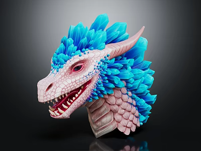 Pink And Blue Dragon Head Sculpture With Open Mouth Sharp Teeth Scaly Neck And Frills 3d model