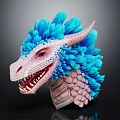 Pink And Blue Dragon Head Sculpture With Open Mouth Sharp Teeth Scaly Neck And Frills