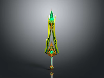 Ornate Fantasy Sword With Green Gemstone And Gold Decorative Hilt 3d model