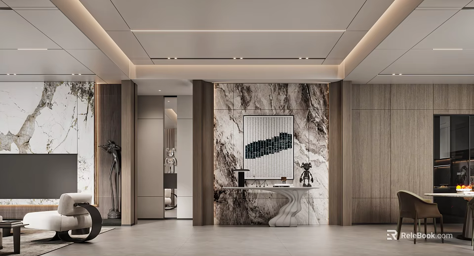Modern Foyer Hallway With Marble Wall And Art Decor 3d model 