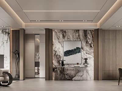 Modern Foyer Hallway With Marble Wall And Art Decor 3d model