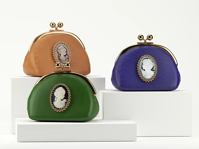 Vintage Clutches Orange Green Purple with Cameo Portraits and Golden Clasps on White Display Stands 3d model