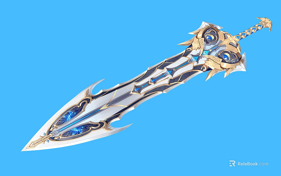 Ornate Fantasy Sword With Blue Crystal Accents And Gold Decorative Details 3d model 