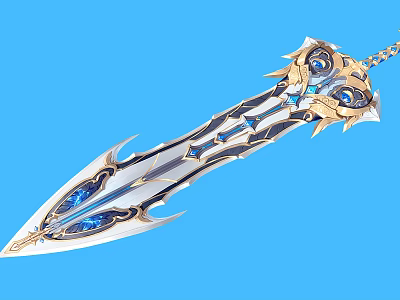 Ornate Fantasy Sword With Blue Crystal Accents And Gold Decorative Details 3d model