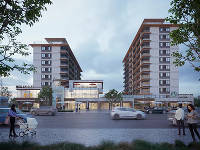 Modern Commercial Street With High Rise Buildings Pedestrians Cars And Green Trees 3d model