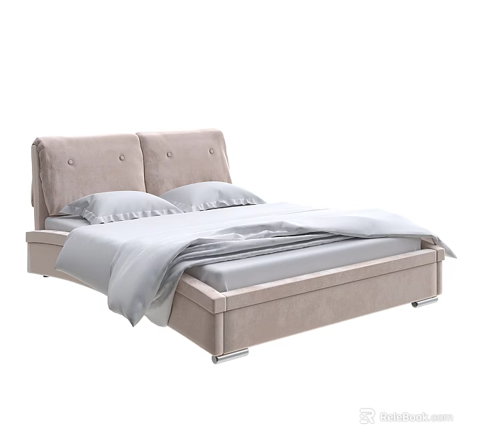 Double Bed with Upholstered Headboard Light Brown Frame Light Sheets and Two Pillows Modern Style 3d model