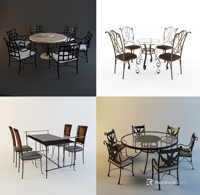 Stylish Dining Table Set With Metal Frame Round Rectangular Tables And Ornate Chairs 3d model 