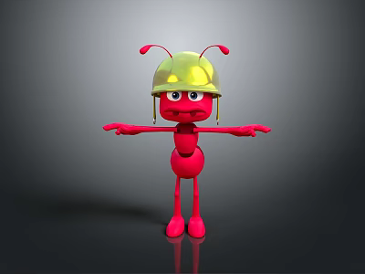 Funny Red Ant Cartoon Character Wearing Yellow Helmet With Red Antennae And Outstretched Arms 3d model