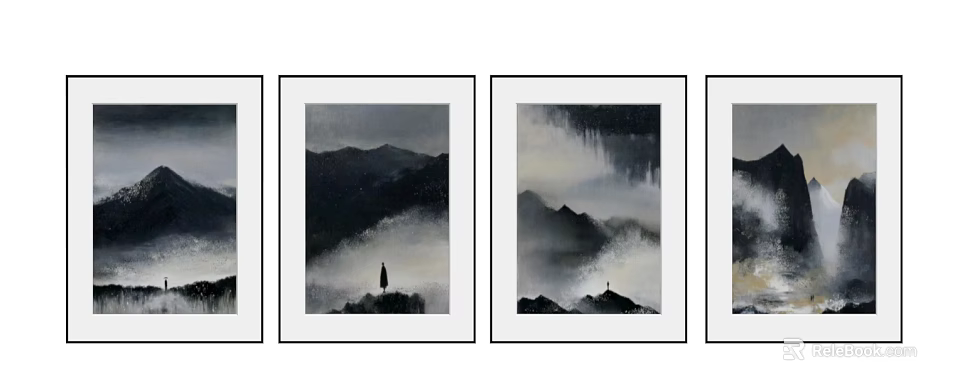 Four Panel Chinese Ink Landscape Paintings With Misty Mountains And Single Figure In White Frames 3d model 