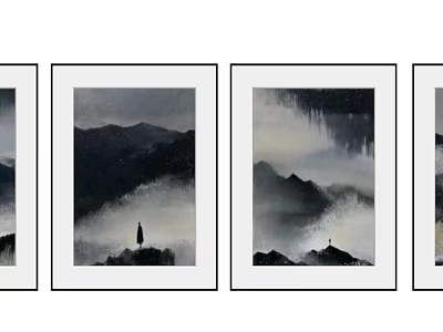 Four Panel Chinese Ink Landscape Paintings With Misty Mountains And Single Figure In White Frames 3d model