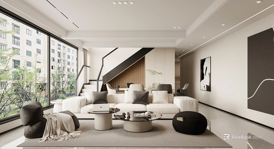Modern Living And Dining Area Interior With White Sofa Coffee Tables And Staircase 3d model 