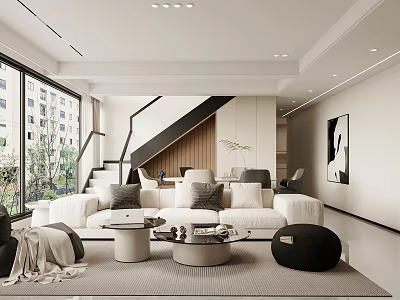 Modern Living And Dining Area Interior With White Sofa Coffee Tables And Staircase 3d model