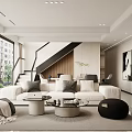 Modern Living And Dining Area Interior With White Sofa Coffee Tables And Staircase