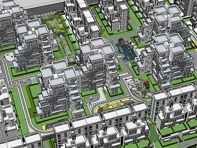 Urban City Planning Layout Aerial View With Residential Buildings And Green Areas 3d model