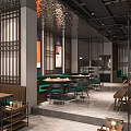 Modern Chinese Restaurant Interior With Wooden Tables Green Seats Pendant Lights And Wall Decor