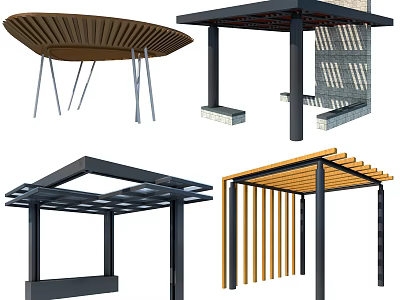 Modern Outdoor Pergola And Canopy Structures With Wooden Roofs And Metal Frames 3d model