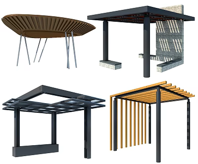 Modern Outdoor Pergola And Canopy Structures With Wooden Roofs And Metal Frames 3d model