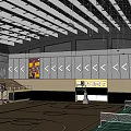 Basketball Court With Wooden Floor Green Badminton Area White Lines Bleachers And Ceiling Lights