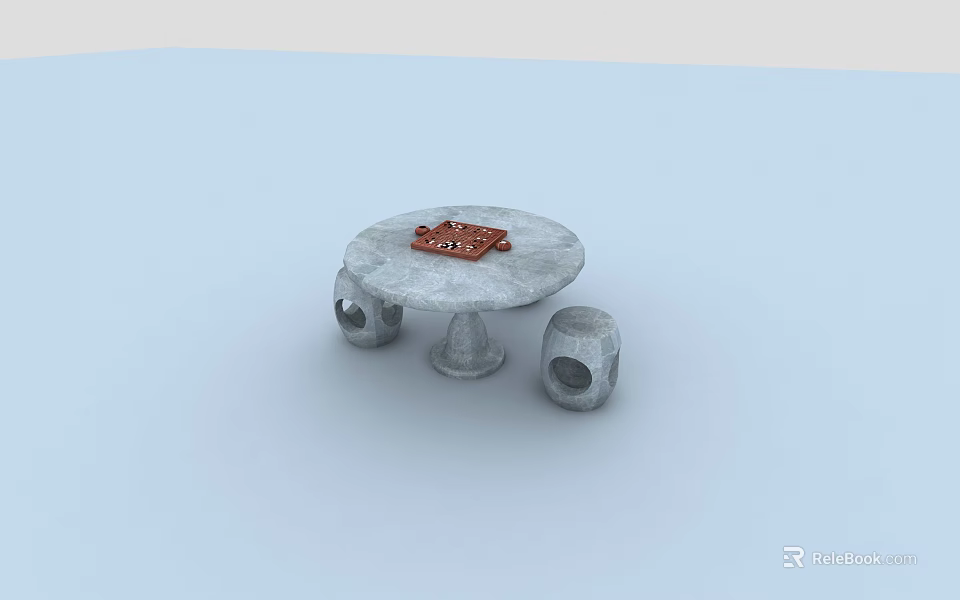 Outdoor Round Stone Table with Matching Stools and Red Decorative Tray 3d model