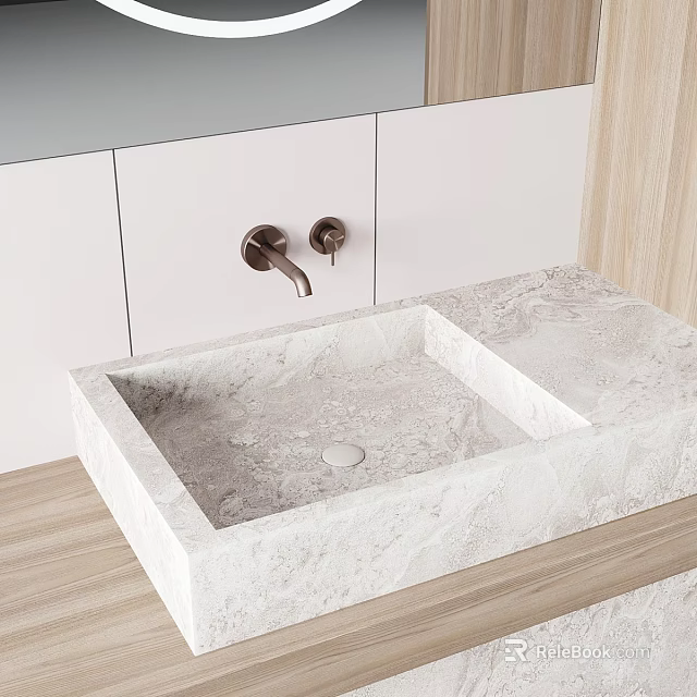 Marble Washbasin with Integrated Countertop and Brushed Brass Faucet in Modern Bathroom 3d model 