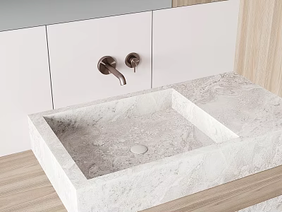 Marble Washbasin with Integrated Countertop and Brushed Brass Faucet in Modern Bathroom 3d model