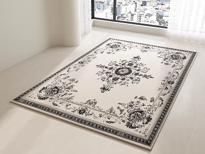 Elegant Square Rug With White Background Black Floral Pattern And Border Design 3d model