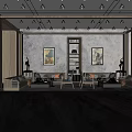 Modern Interior Space With Central Tree Bookshelves Ceiling Lights And Display Stand