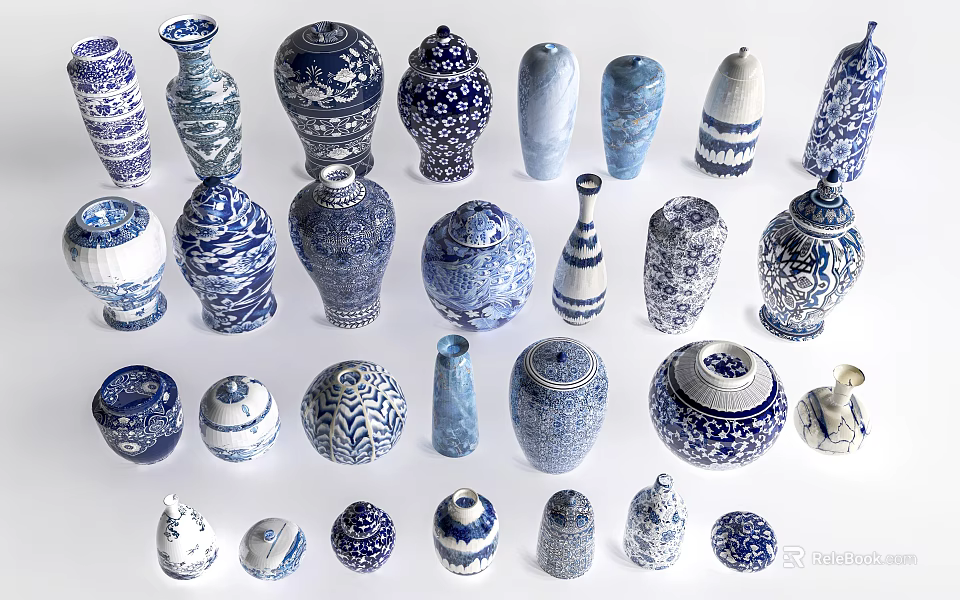 Blue And White Ceramic Decorative Wares With Various Shapes And Patterns 3d model 