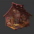 Cartoon Cozy Small House Interior Scene With Wooden Furniture Fireplace And Window Curtains