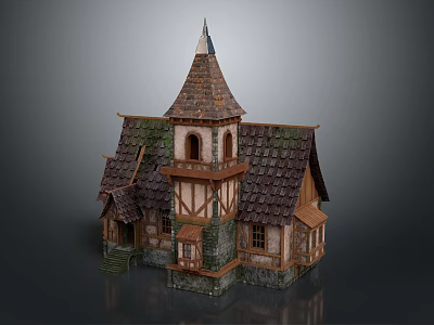 Medieval Style Cottage With Spire Timber Frame Stone Walls And Tile Roof 3d model
