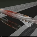 Scenic Modern Landscape Bridge With Orange White Striped Design Spanning Water And Reflection
